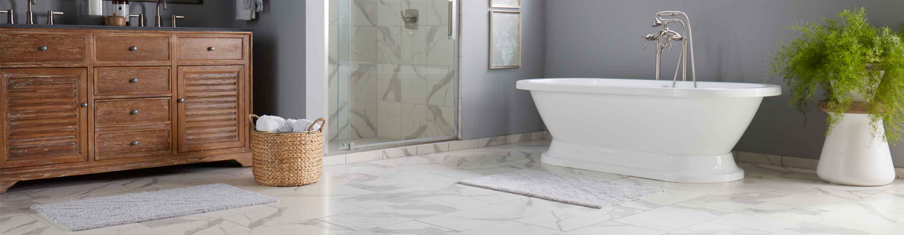 White and grey tile flooring in bathroom